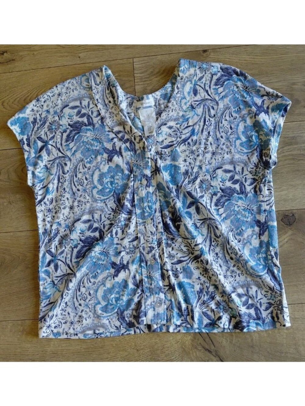 Joie Women's Linen Short Sleeve Shirt V Neck Button Front Blue White Medium